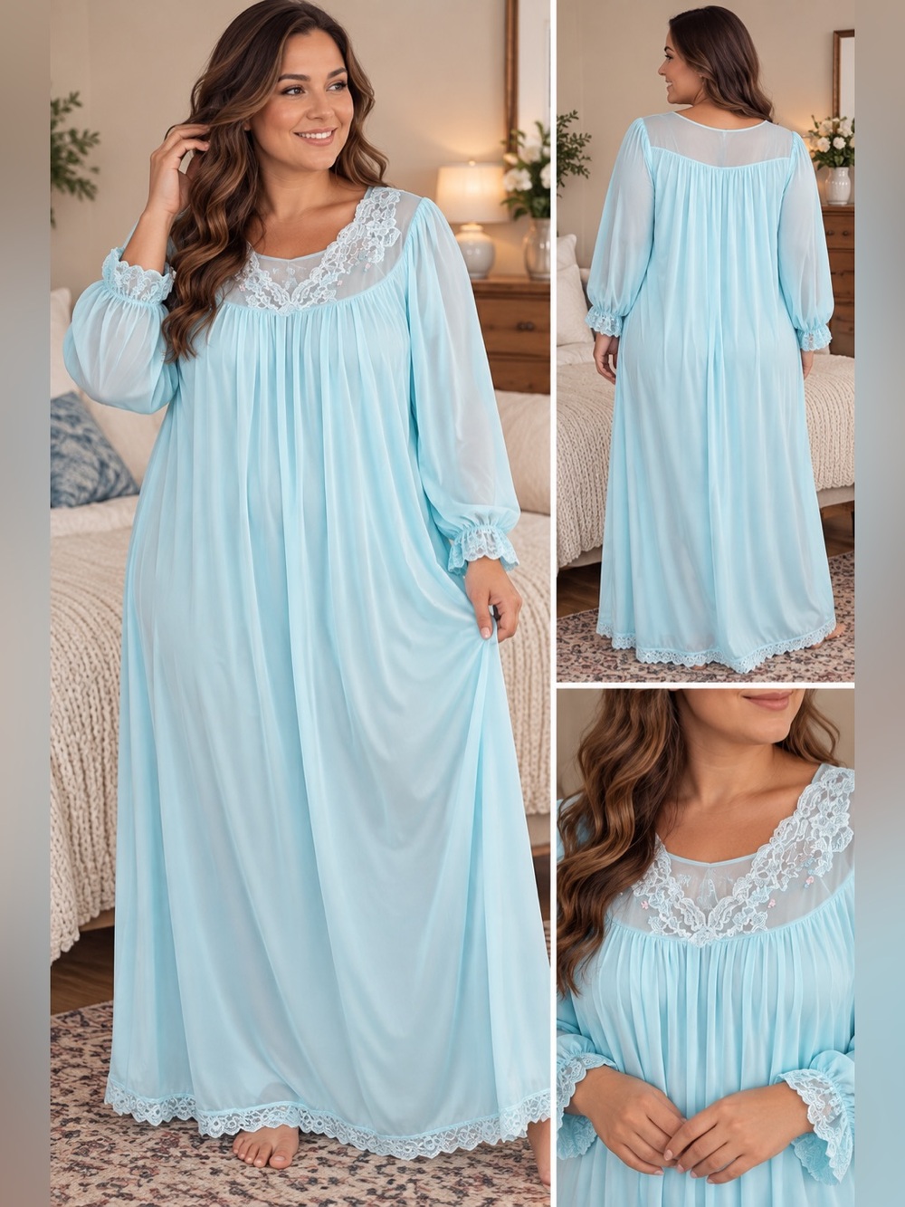 Vintage Shadow Line Robin Egg Blue with Lace-Trim Long Nightgown